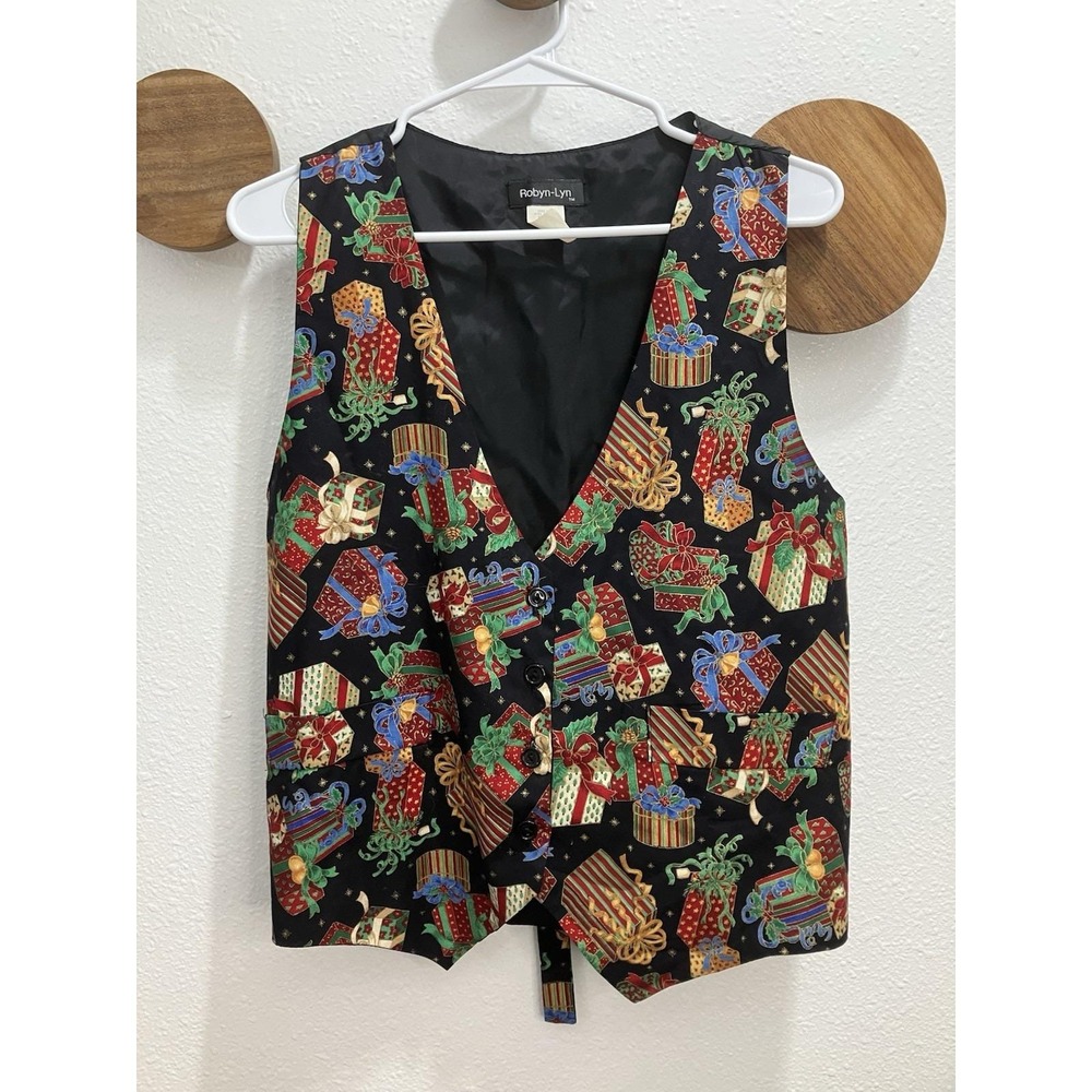 Vintage CHRISTMAS Vest Women's Medium Gifts Presents Colorful Grandma